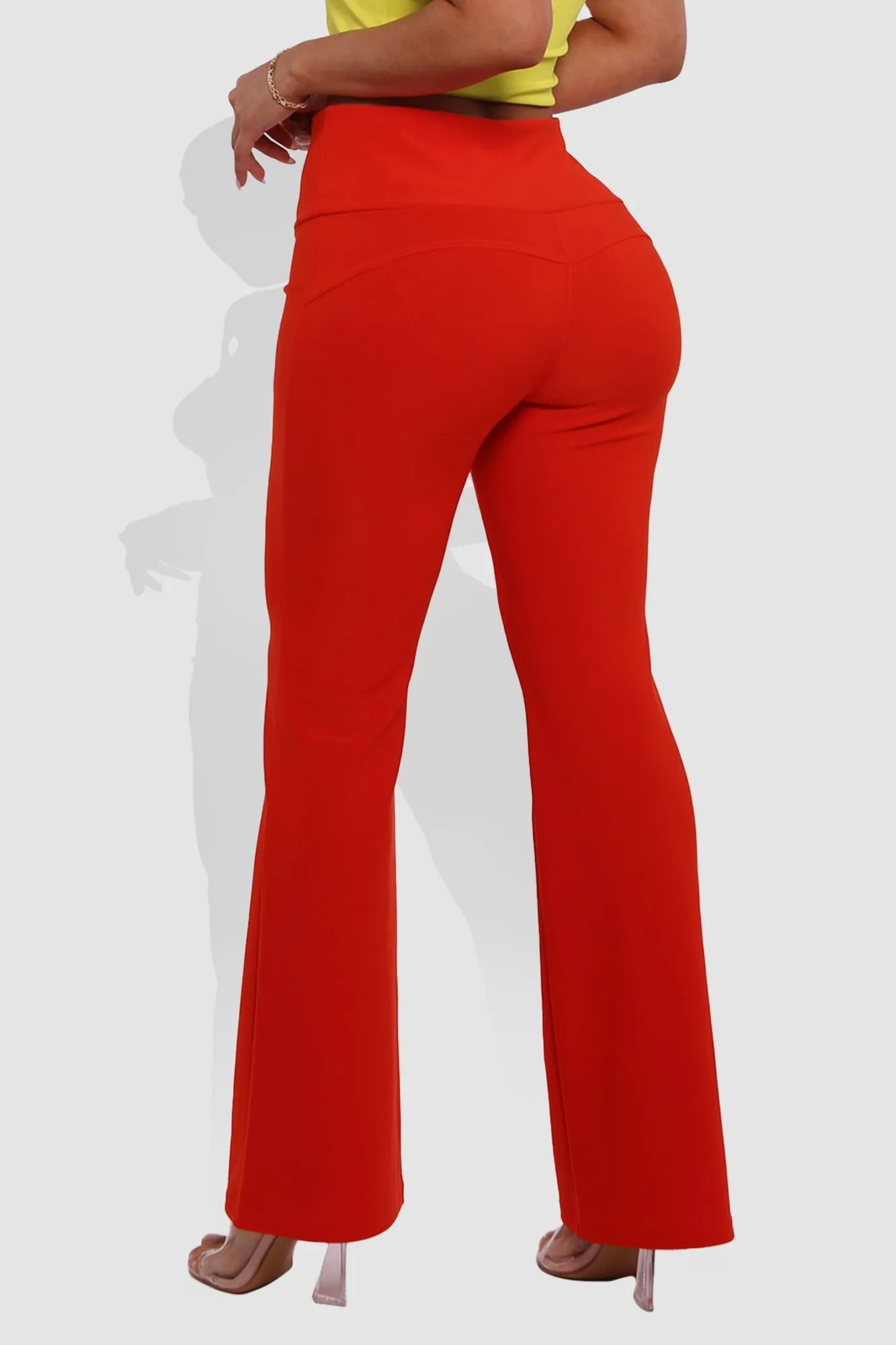 Tummy Control Butt Sculpting Flare Pants With Button Fly Waist Detail - Vermilion