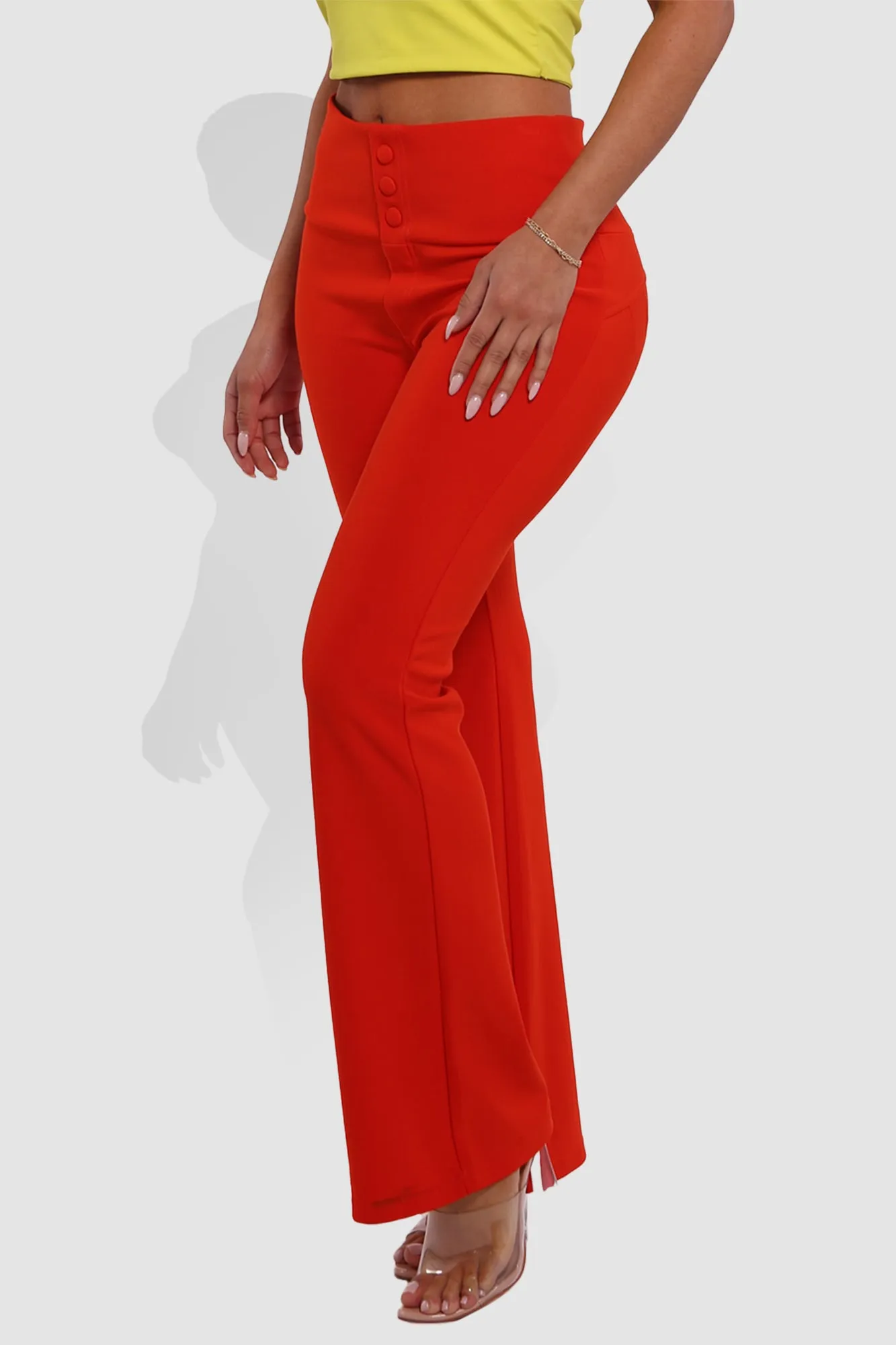 Tummy Control Butt Sculpting Flare Pants With Button Fly Waist Detail - Vermilion