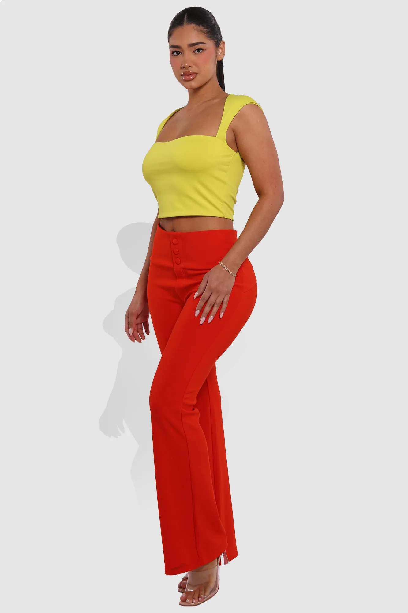 Tummy Control Butt Sculpting Flare Pants With Button Fly Waist Detail - Vermilion