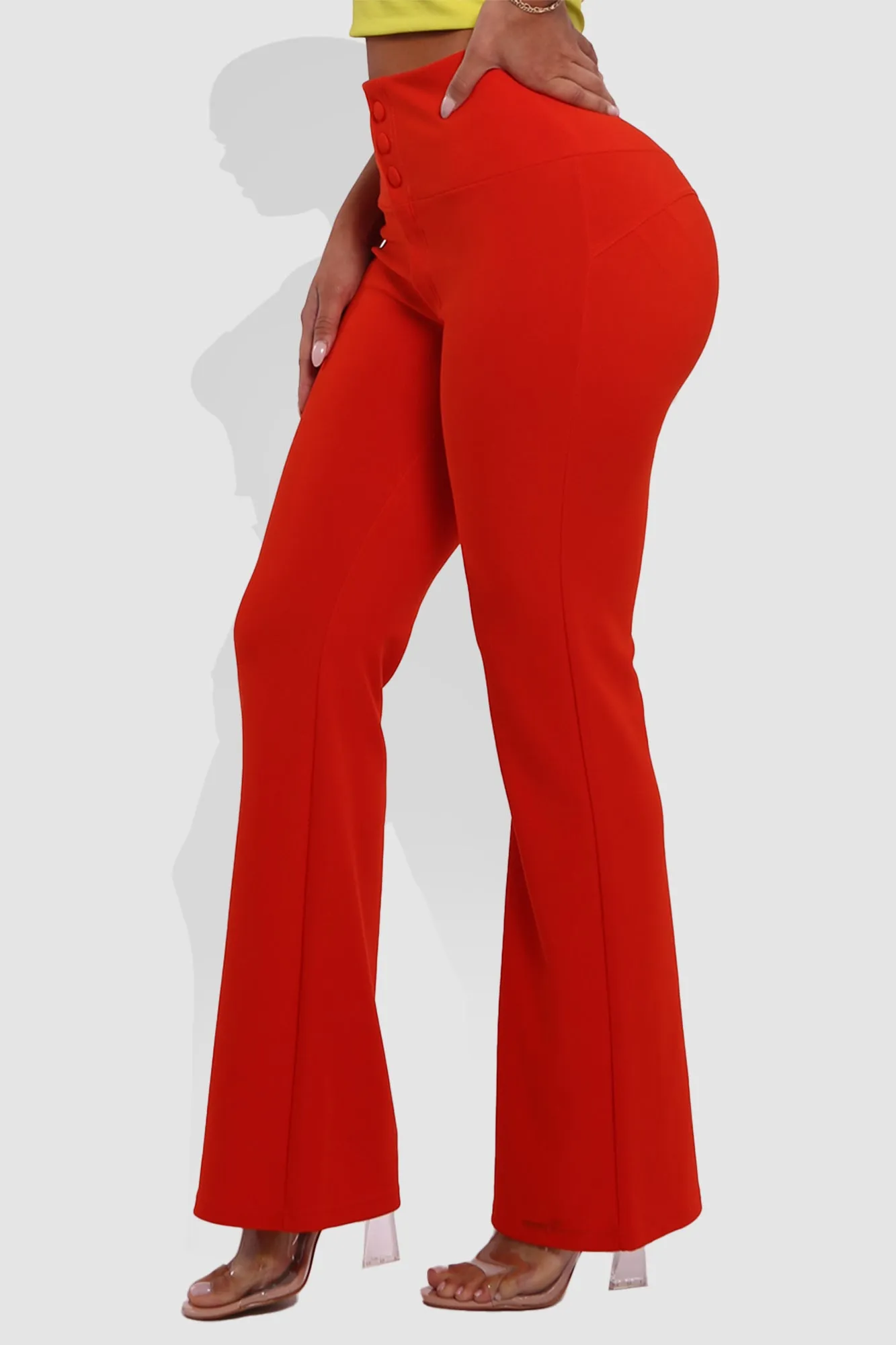 Tummy Control Butt Sculpting Flare Pants With Button Fly Waist Detail - Vermilion