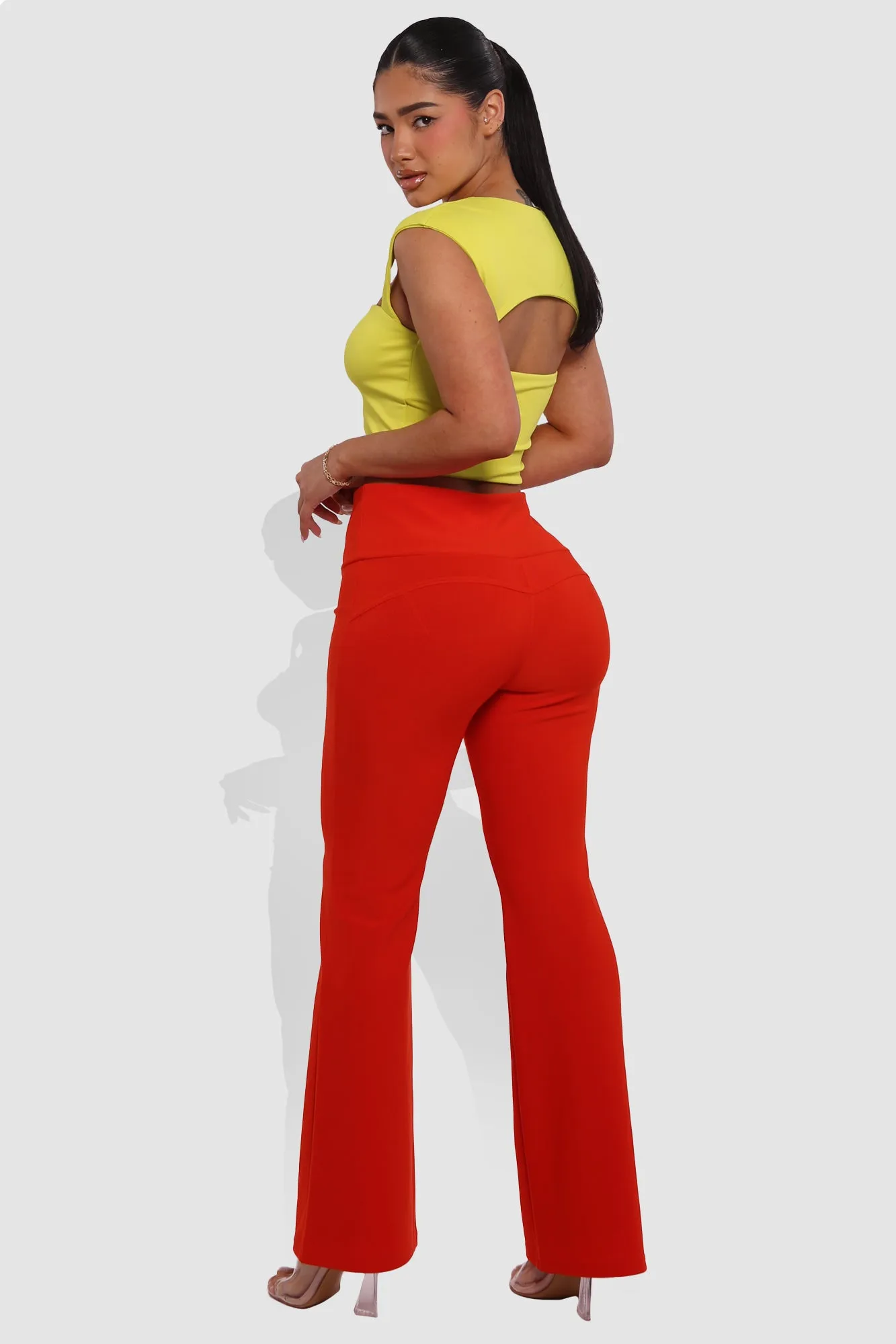 Tummy Control Butt Sculpting Flare Pants With Button Fly Waist Detail - Vermilion