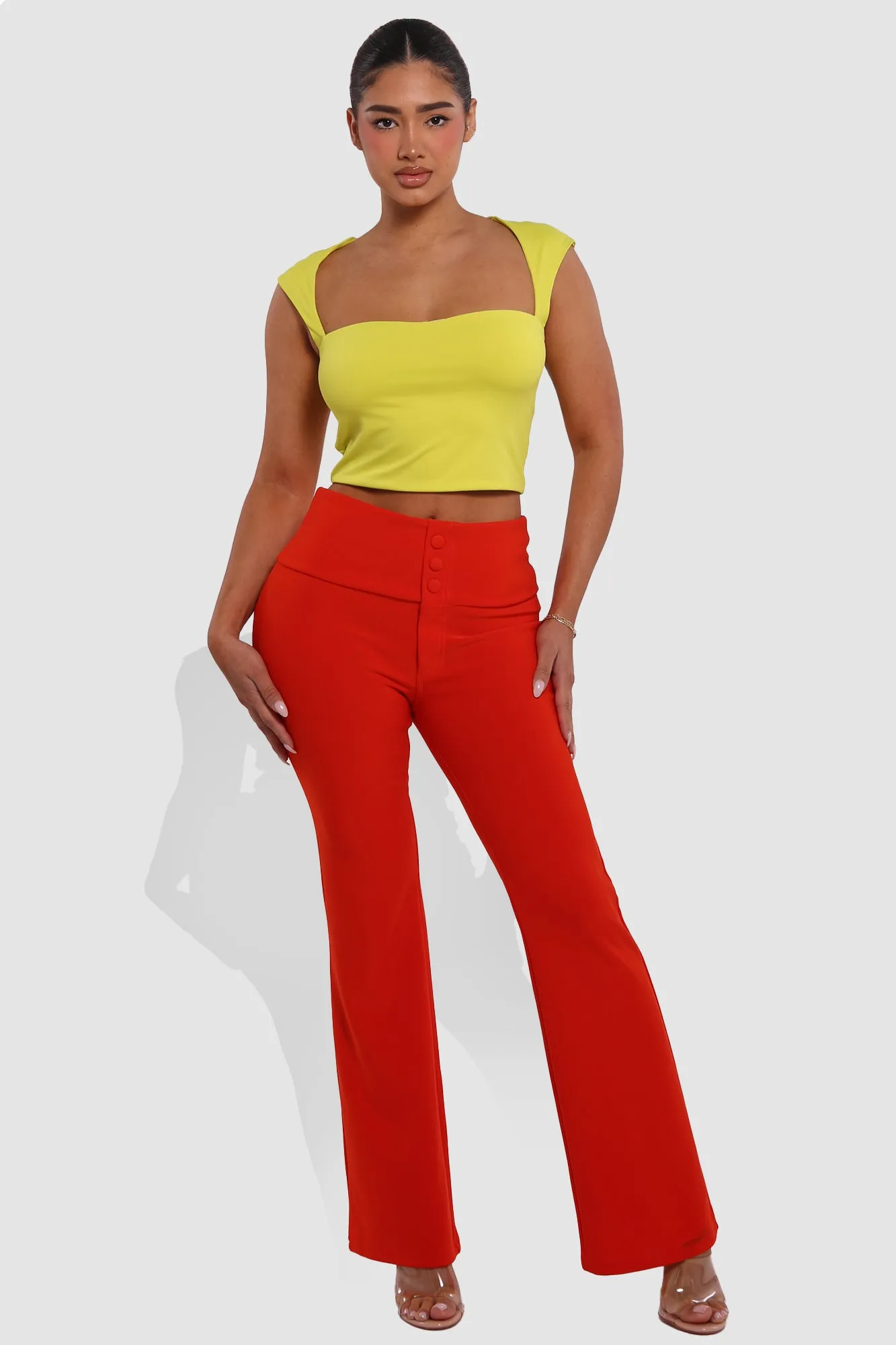 Tummy Control Butt Sculpting Flare Pants With Button Fly Waist Detail - Vermilion