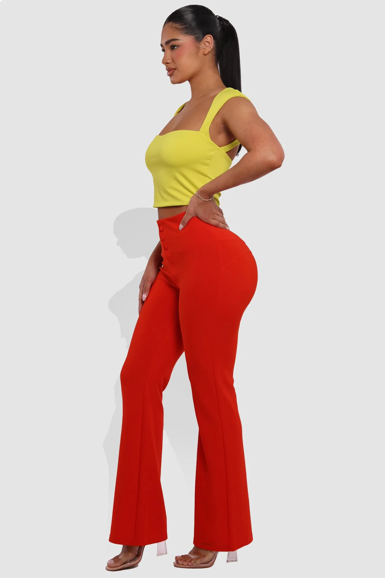 Tummy Control Butt Sculpting Flare Pants With Button Fly Waist Detail - Vermilion