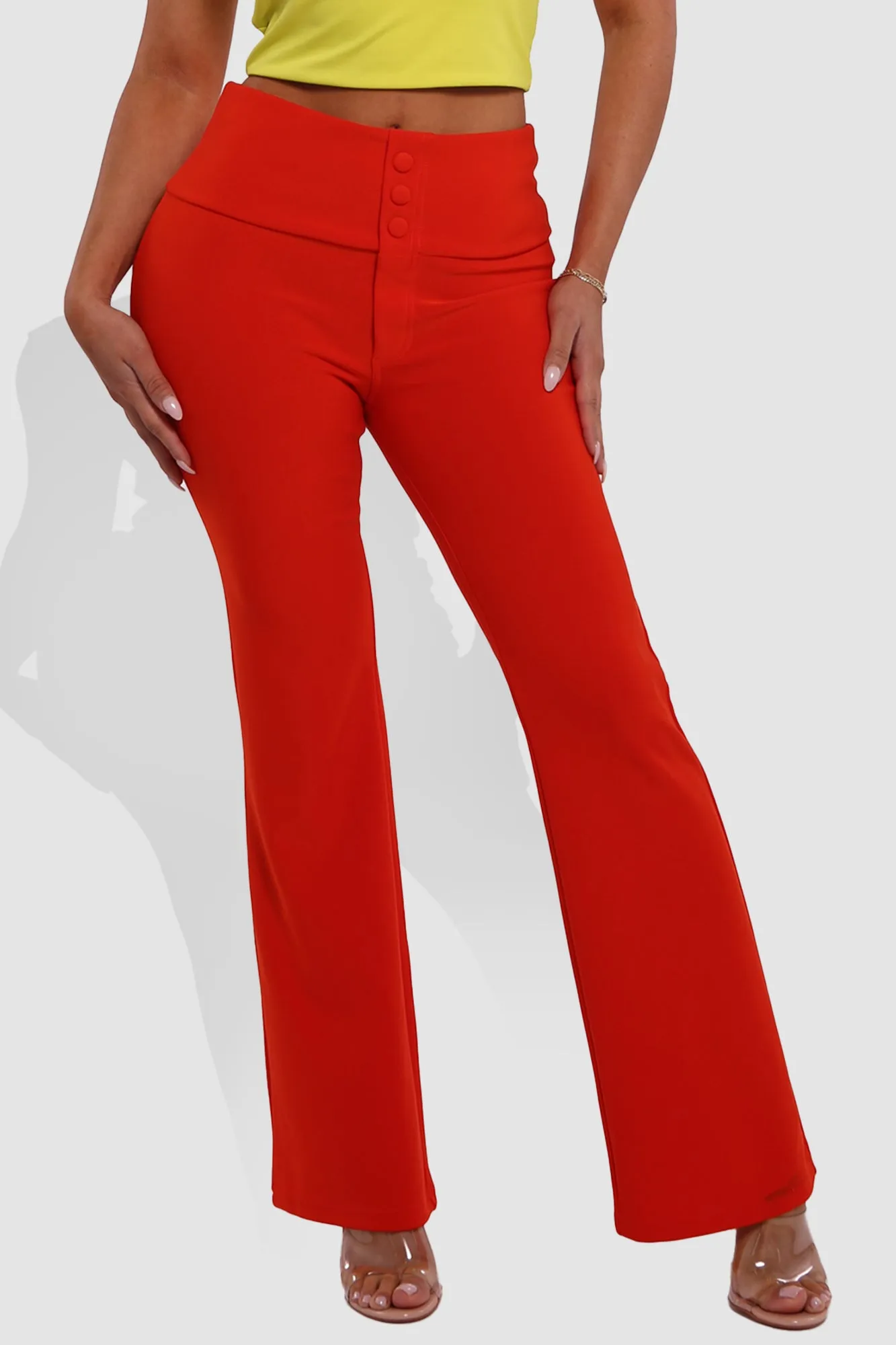 Tummy Control Butt Sculpting Flare Pants With Button Fly Waist Detail - Vermilion