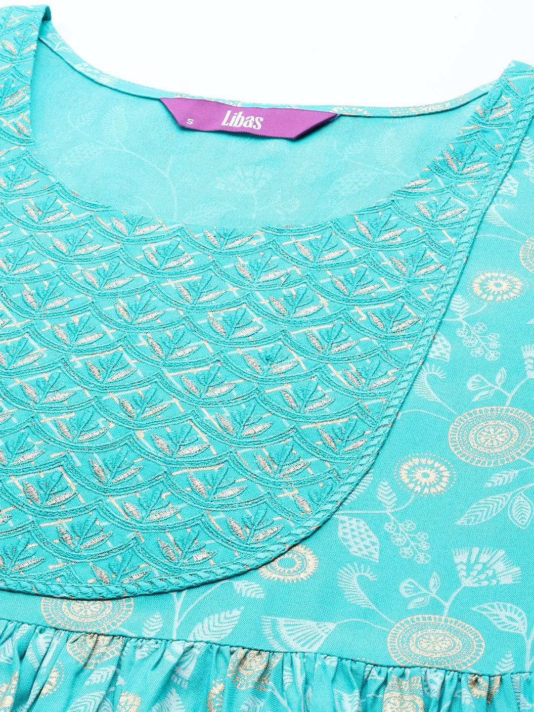 Turquoise Blue Yoke Design Rayon A-Line Kurta With Trousers & Dupatta