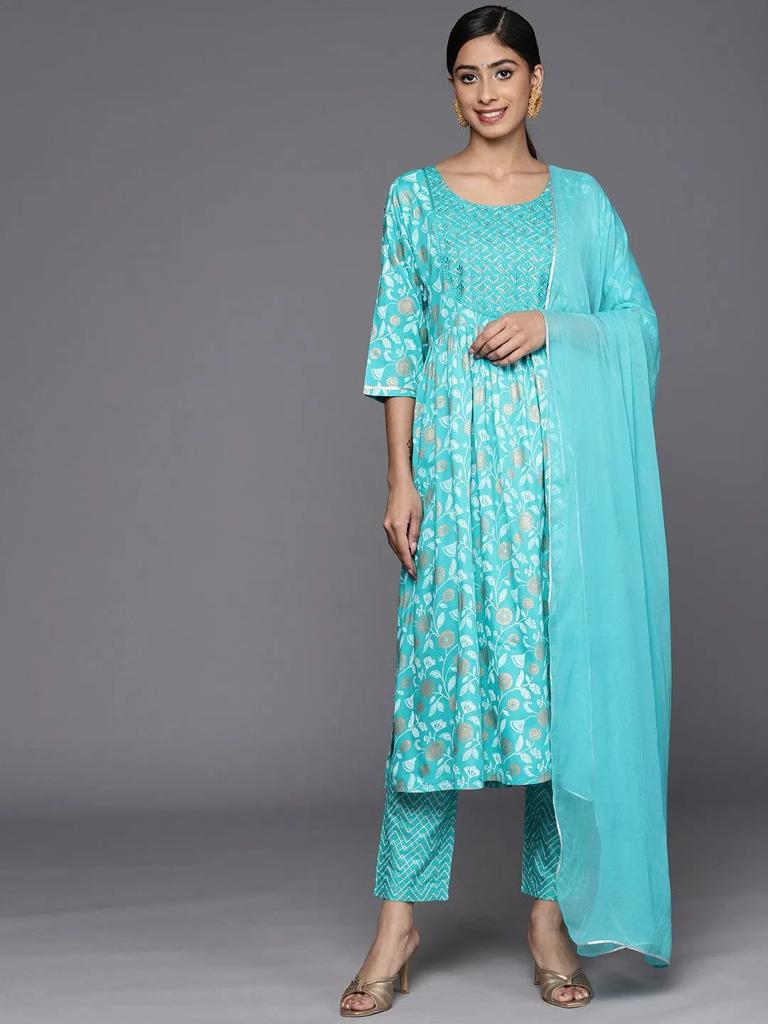 Turquoise Blue Yoke Design Rayon A-Line Kurta With Trousers & Dupatta