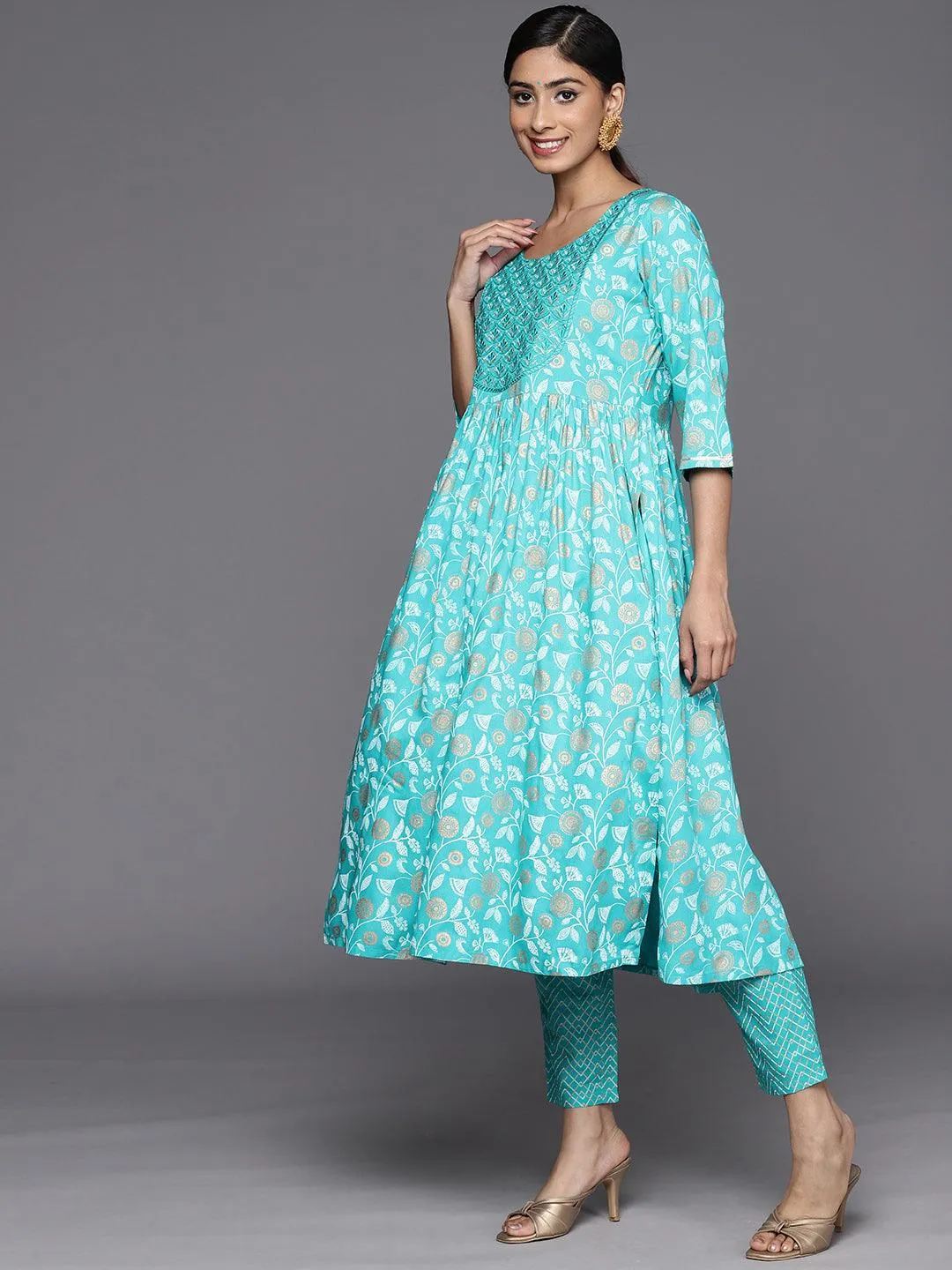 Turquoise Blue Yoke Design Rayon A-Line Kurta With Trousers & Dupatta