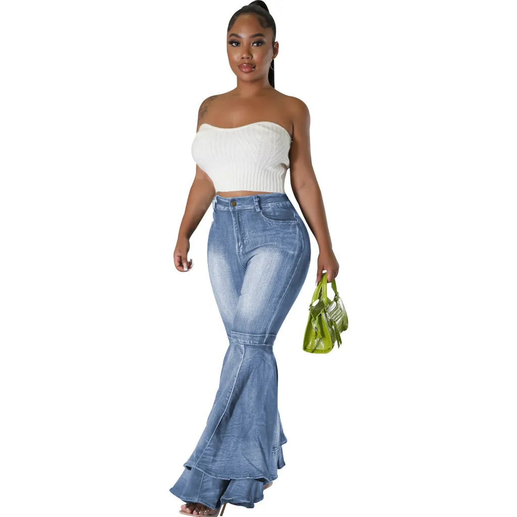 Uniwim fashion Fashionable All-Match Wide-Leg Washed Denim Stretch Flared Pants