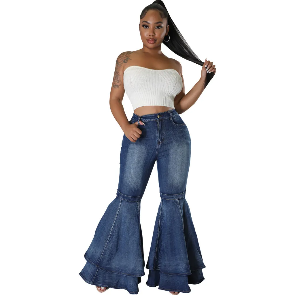 Uniwim fashion Fashionable All-Match Wide-Leg Washed Denim Stretch Flared Pants