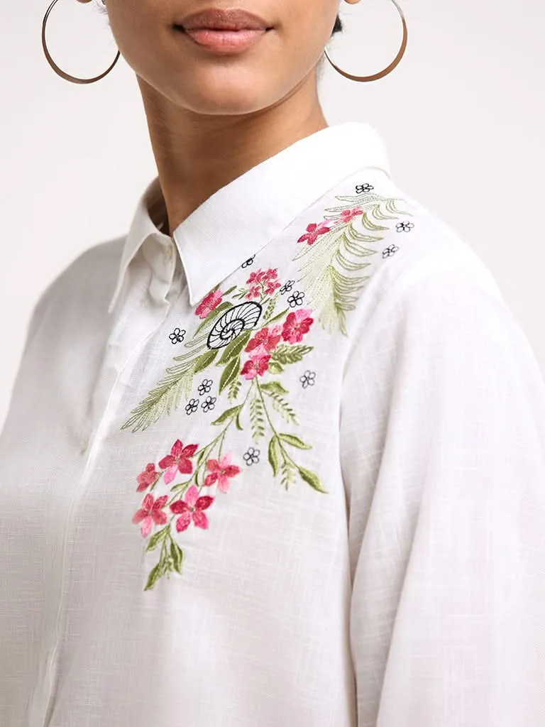 Utsa White Floral-Embroidered Cotton Tunic