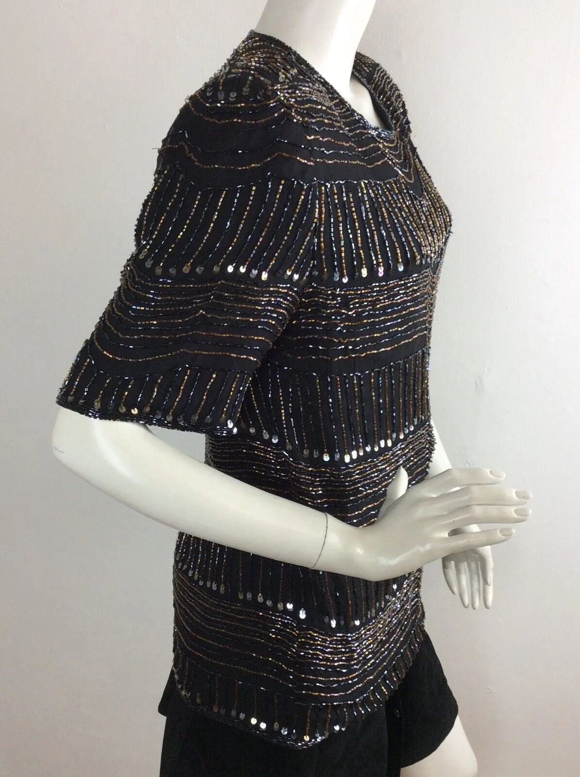 VTG 70S 80S SEQUIN BLACK PARTY DISCO TUNIC TOP 12 14