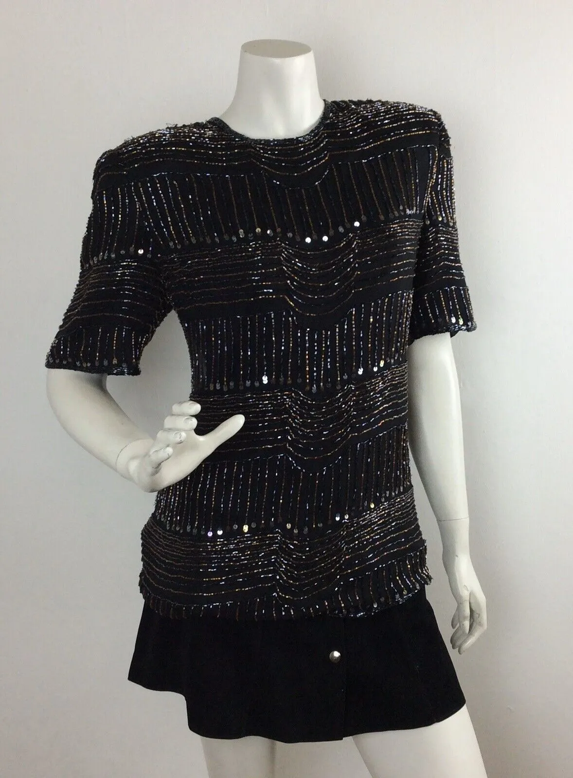 VTG 70S 80S SEQUIN BLACK PARTY DISCO TUNIC TOP 12 14