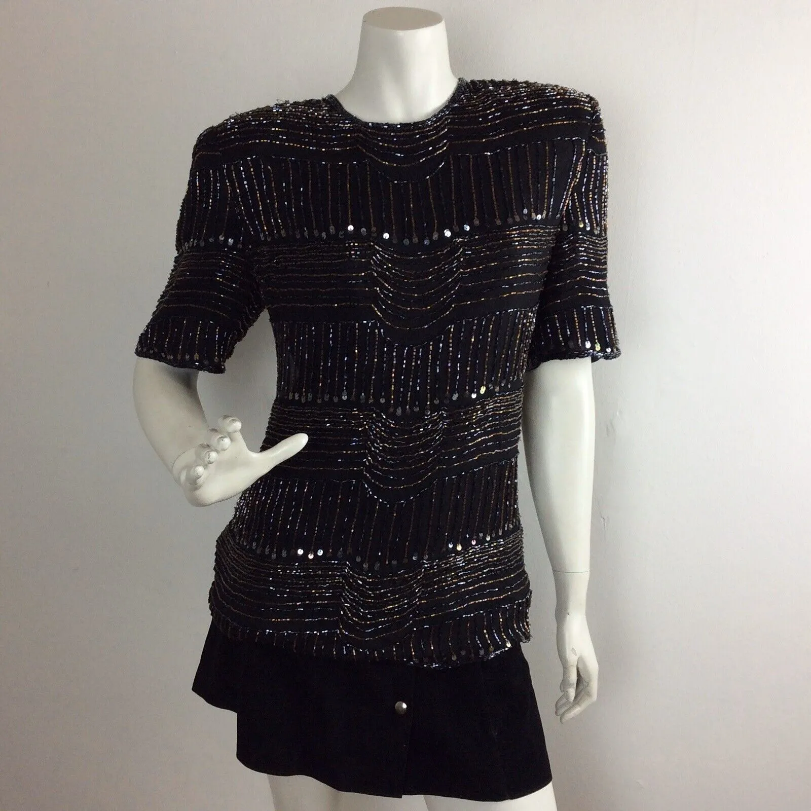 VTG 70S 80S SEQUIN BLACK PARTY DISCO TUNIC TOP 12 14