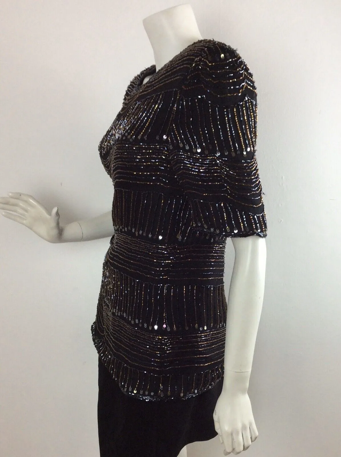 VTG 70S 80S SEQUIN BLACK PARTY DISCO TUNIC TOP 12 14