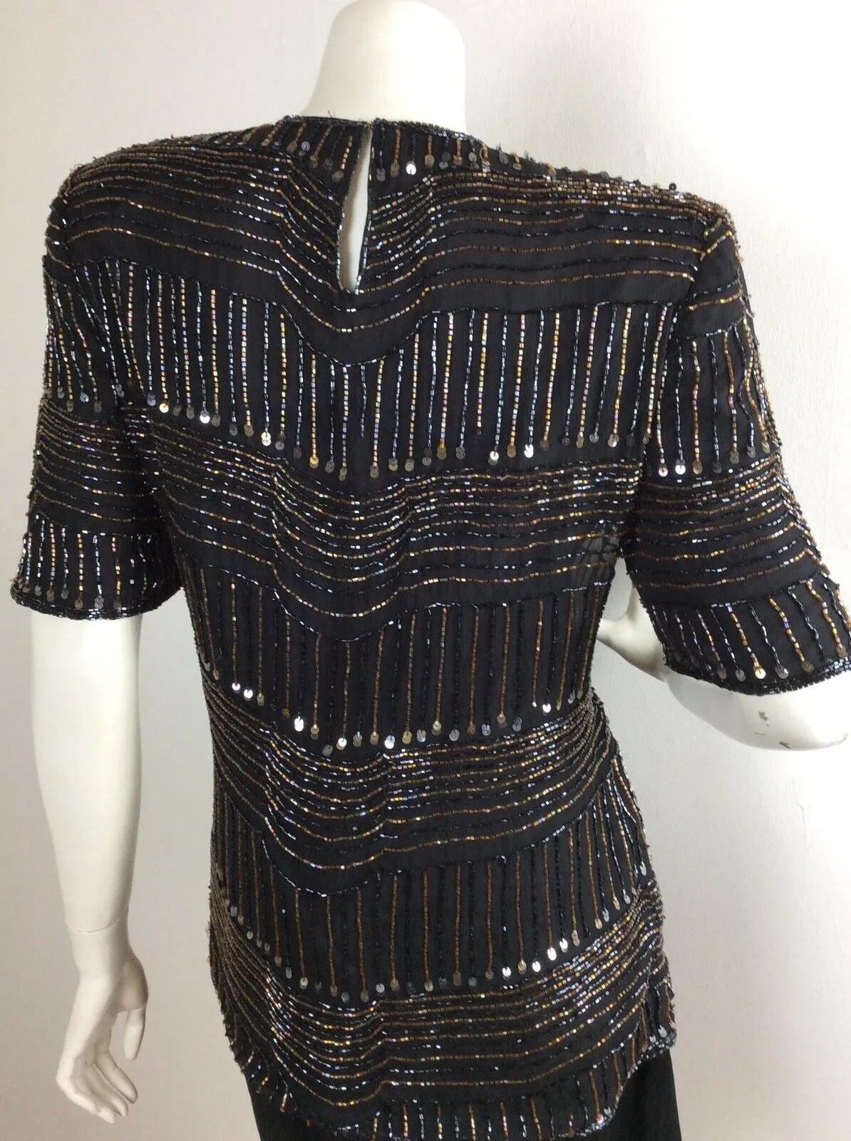 VTG 70S 80S SEQUIN BLACK PARTY DISCO TUNIC TOP 12 14