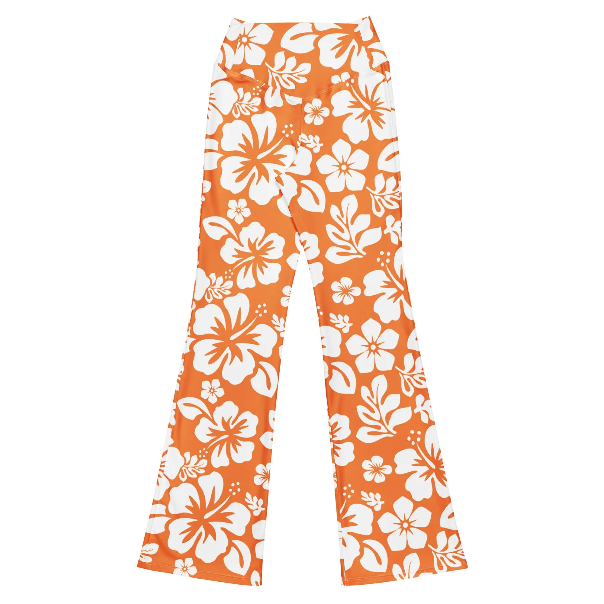 White and Orange Hawaiian Flowers Flare Leggings