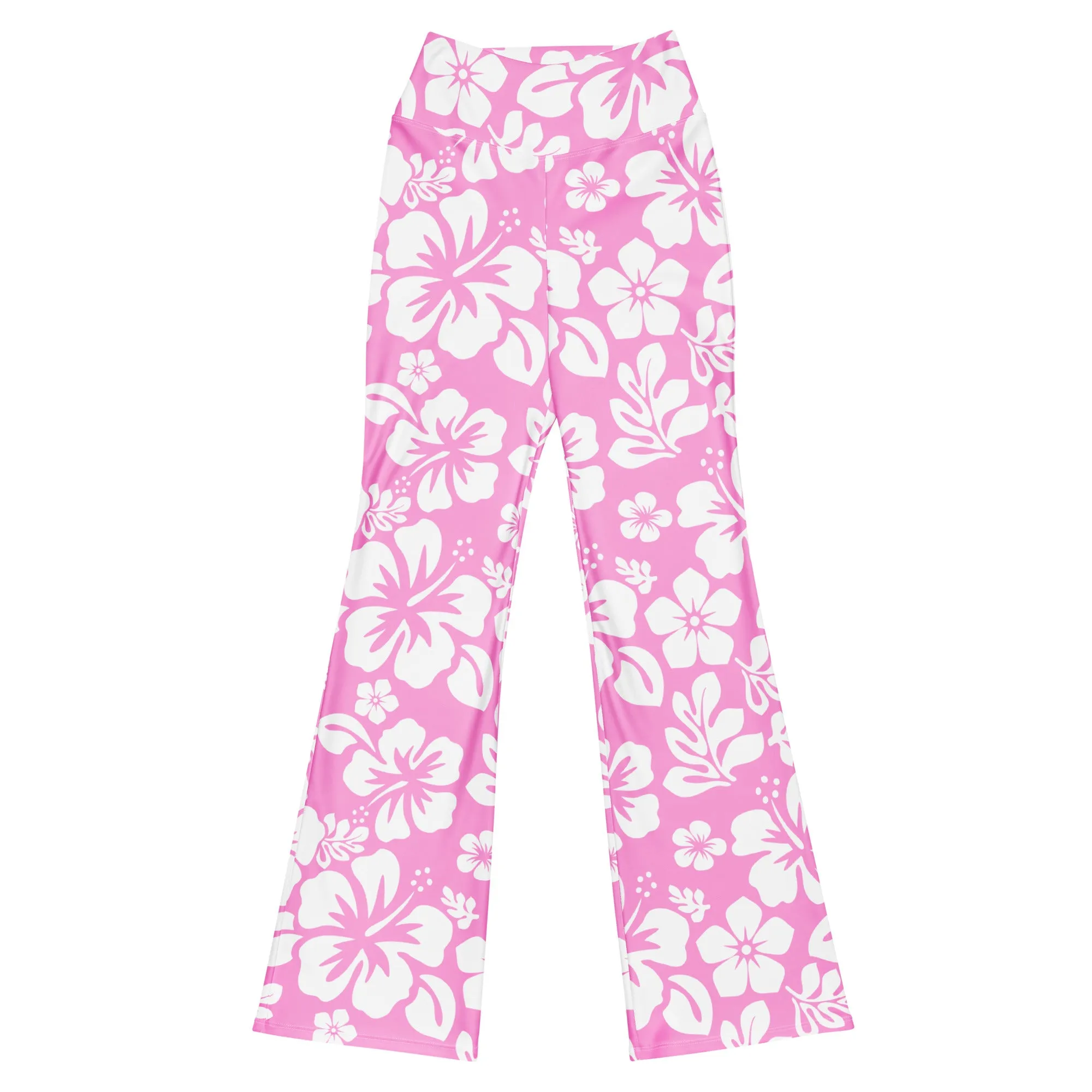 White and Pink Hawaiian Flowers High Waist Flare Leggings