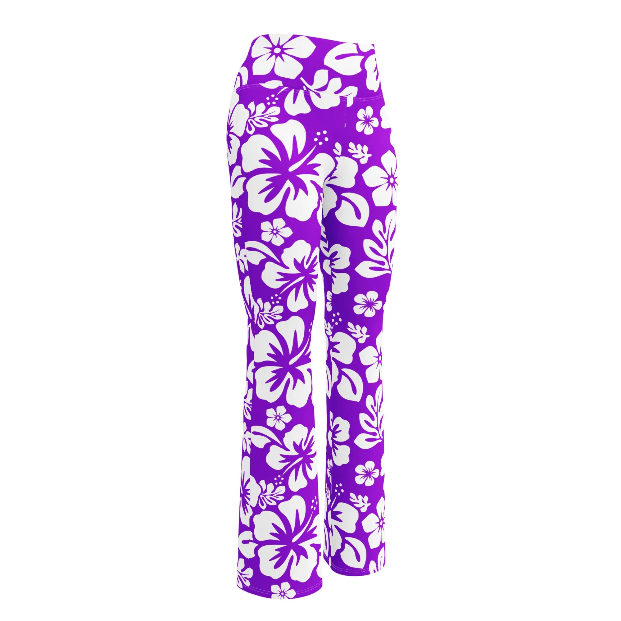 White and Purple Hawaiian Flowers Flare Leggings