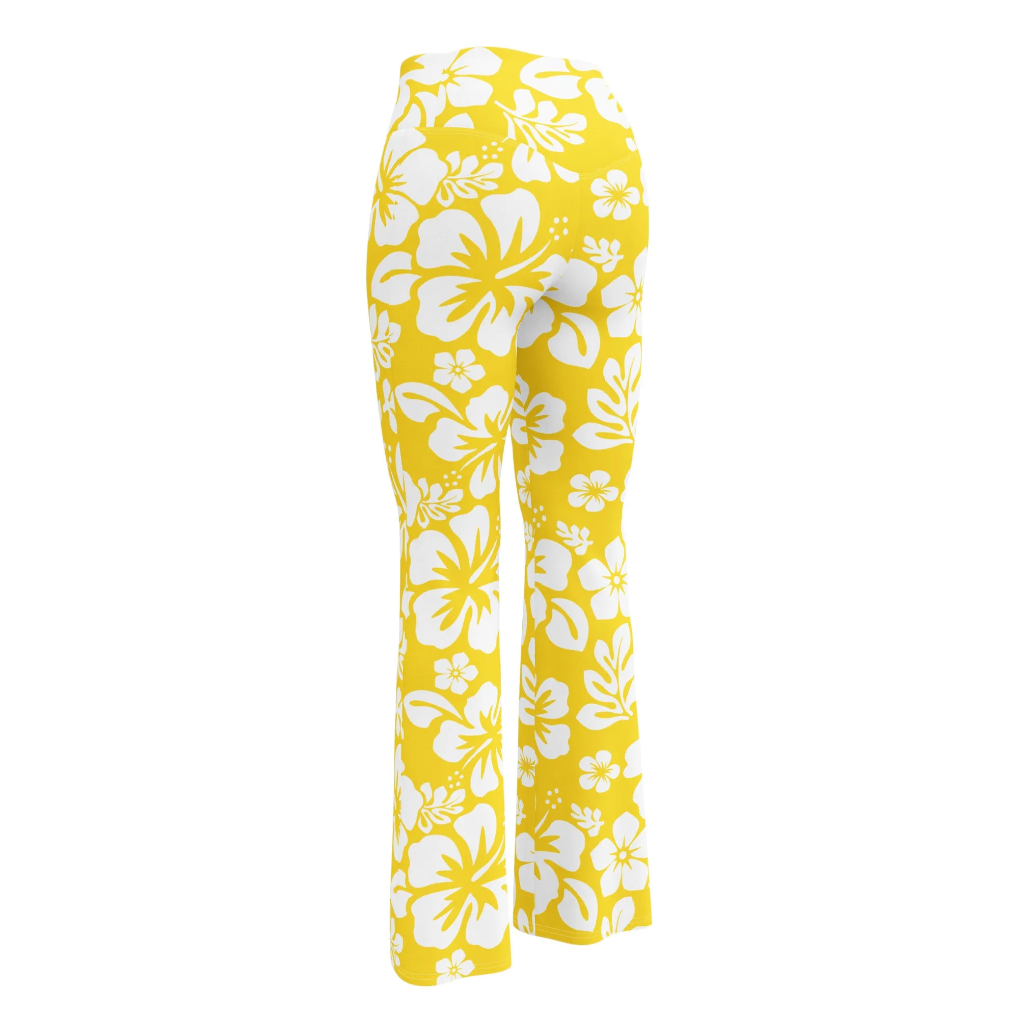 White and Yellow Hawaiian Flowers Flare Leggings