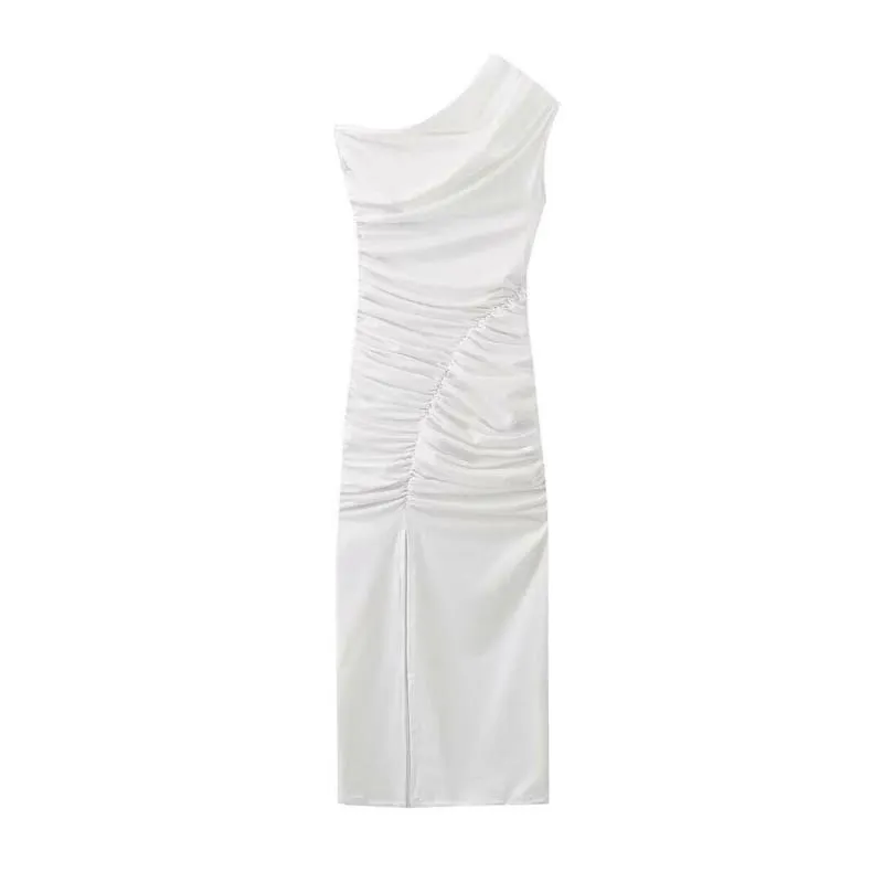 White Asymmetrical Sleeveless Dress with Split Pleated Decoration