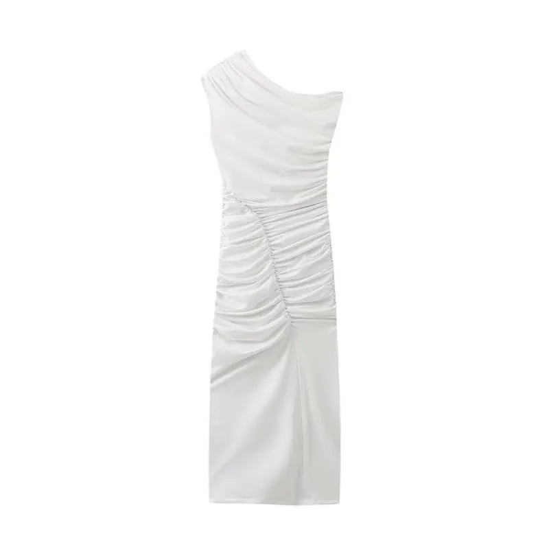 White Asymmetrical Sleeveless Dress with Split Pleated Decoration