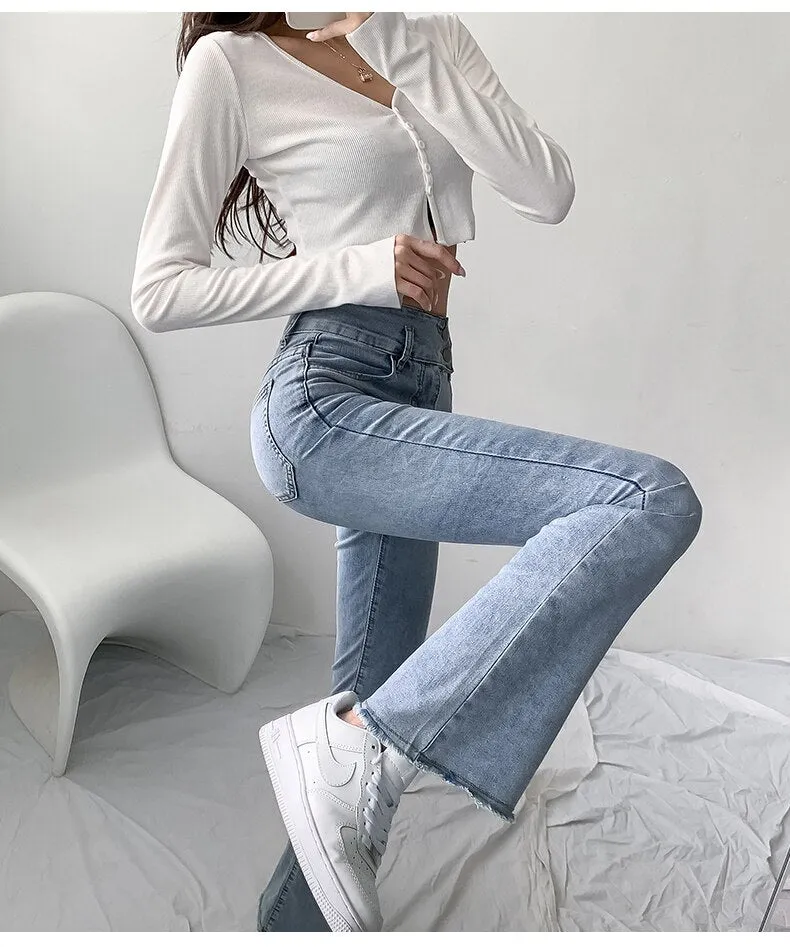 Wjczt Jeans Women Solid Blue Sexy Slimhigh Waist Jean Simple Ladies  Full Length Mom Cowboy Denim Flared Pants Mujer 2022 Spring New