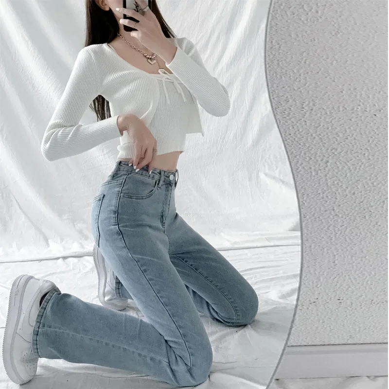 Wjczt Jeans Women Solid Blue Sexy Slimhigh Waist Jean Simple Ladies  Full Length Mom Cowboy Denim Flared Pants Mujer 2022 Spring New