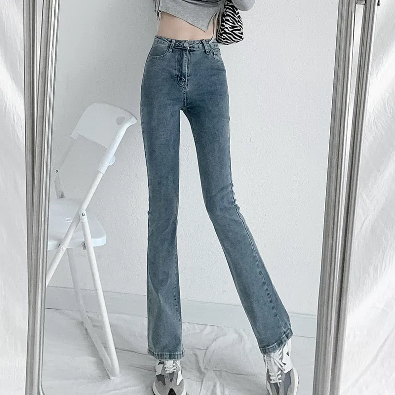 Wjczt Jeans Women Solid Blue Sexy Slimhigh Waist Jean Simple Ladies  Full Length Mom Cowboy Denim Flared Pants Mujer 2022 Spring New