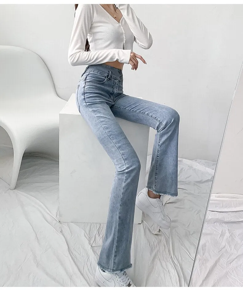 Wjczt Jeans Women Solid Blue Sexy Slimhigh Waist Jean Simple Ladies  Full Length Mom Cowboy Denim Flared Pants Mujer 2022 Spring New