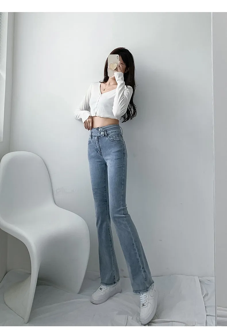 Wjczt Jeans Women Solid Blue Sexy Slimhigh Waist Jean Simple Ladies  Full Length Mom Cowboy Denim Flared Pants Mujer 2022 Spring New