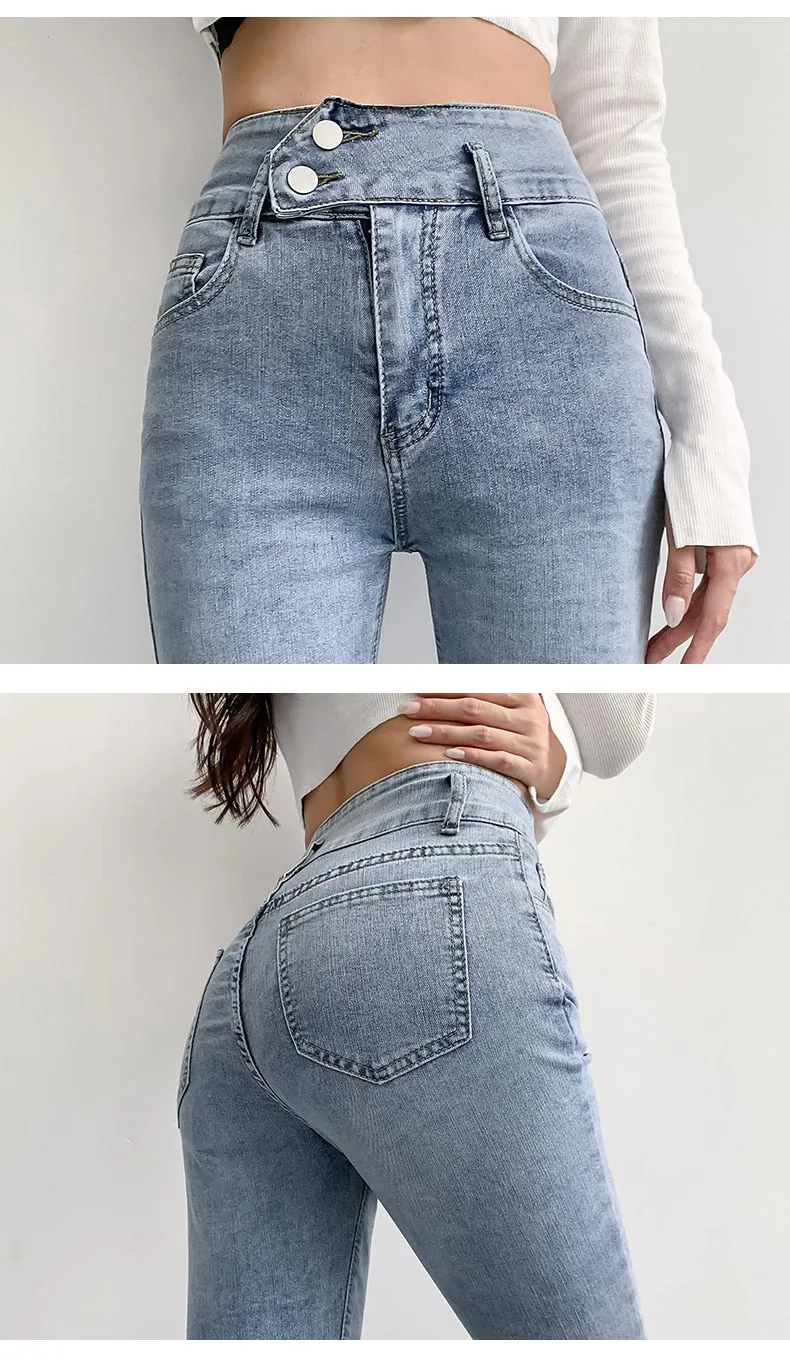 Wjczt Jeans Women Solid Blue Sexy Slimhigh Waist Jean Simple Ladies  Full Length Mom Cowboy Denim Flared Pants Mujer 2022 Spring New