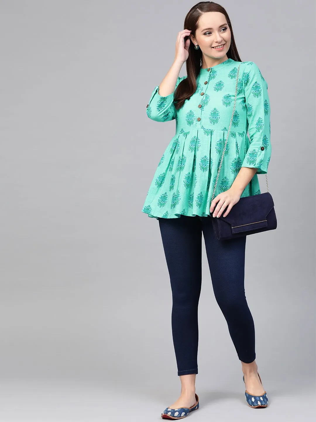 Women Blue & Green Cotton Printed Mandarin Collar Tunic