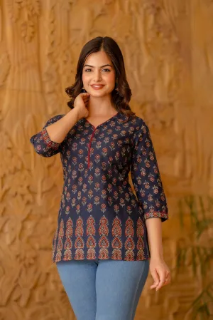 Women Blue Tunic With Three Quarter Sleeves