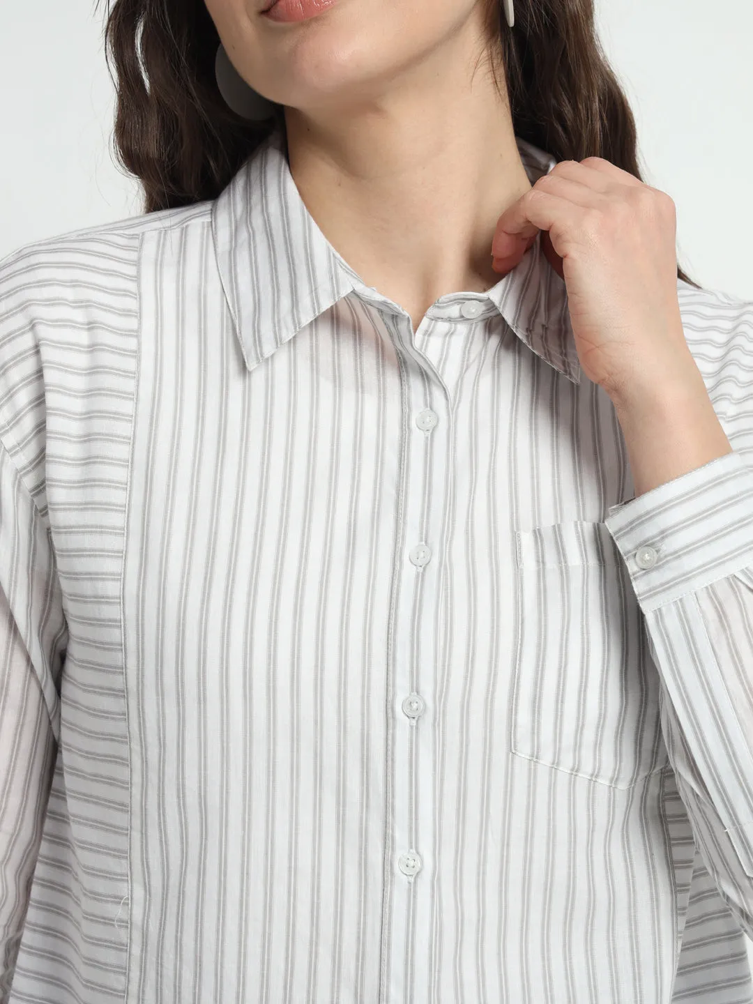 Women Classic Slim Fit Striped Cotton Casual Shirt