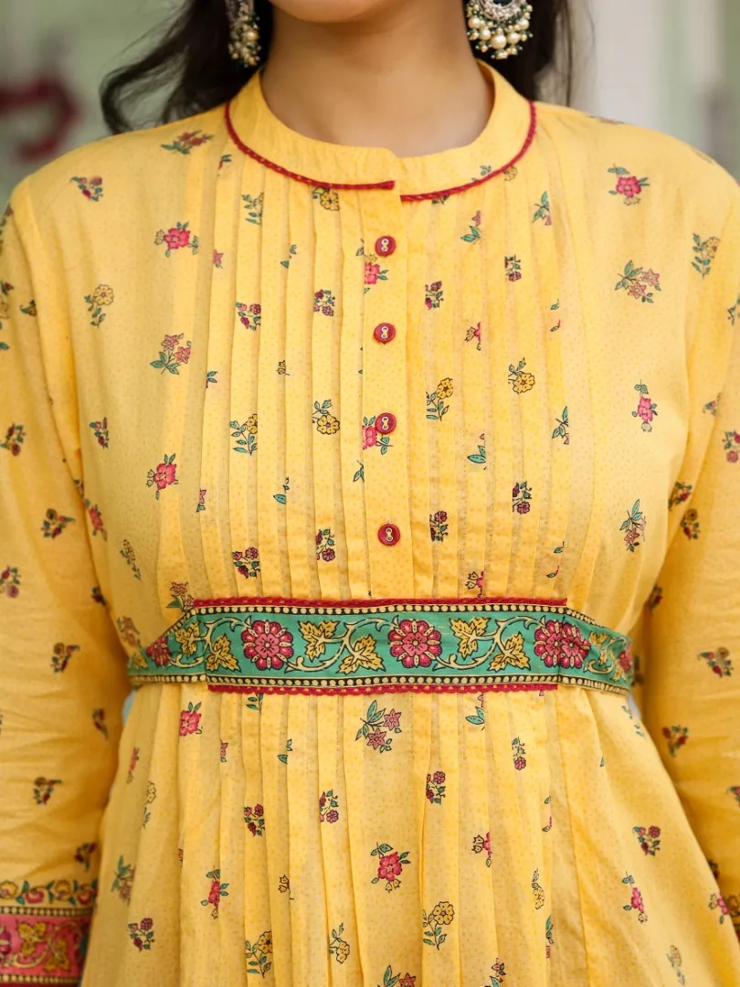 Women Floral Printed Cotton Voile Mustard Peplum Tunic