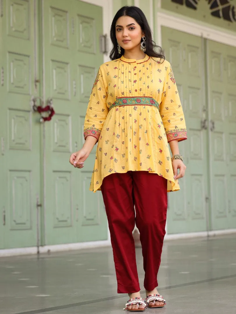 Women Floral Printed Cotton Voile Mustard Peplum Tunic