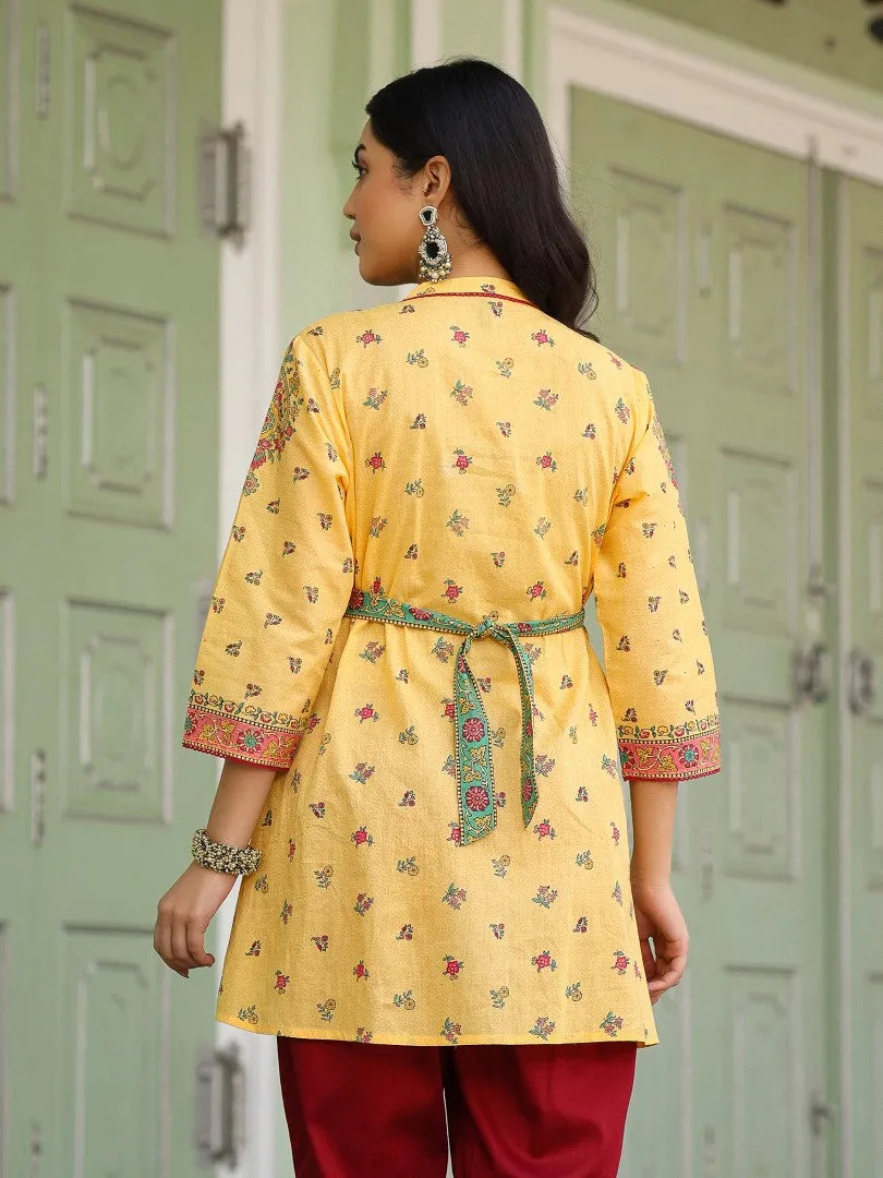 Women Floral Printed Cotton Voile Mustard Peplum Tunic