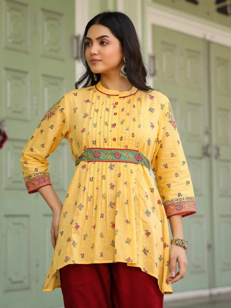 Women Floral Printed Cotton Voile Mustard Peplum Tunic