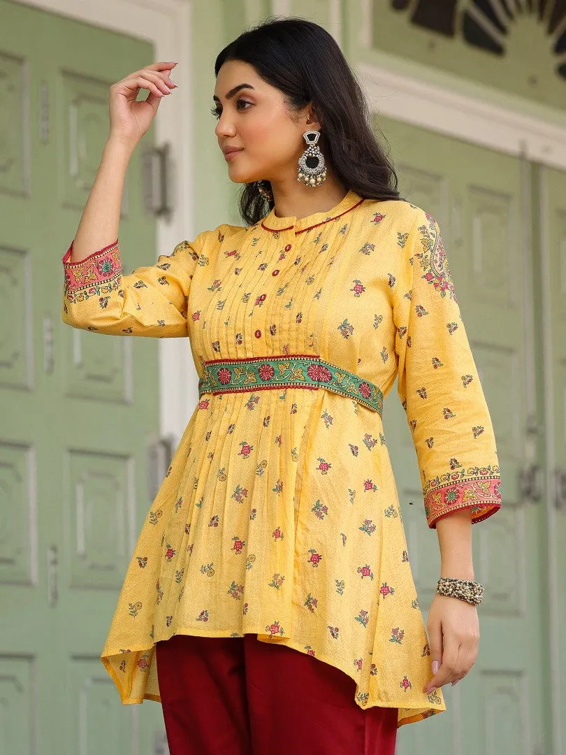 Women Floral Printed Cotton Voile Mustard Peplum Tunic