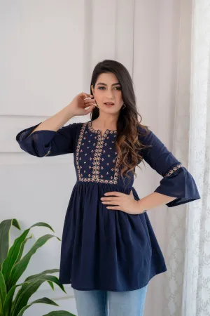 Women Navy Blue Embroidered Peplum Tunic