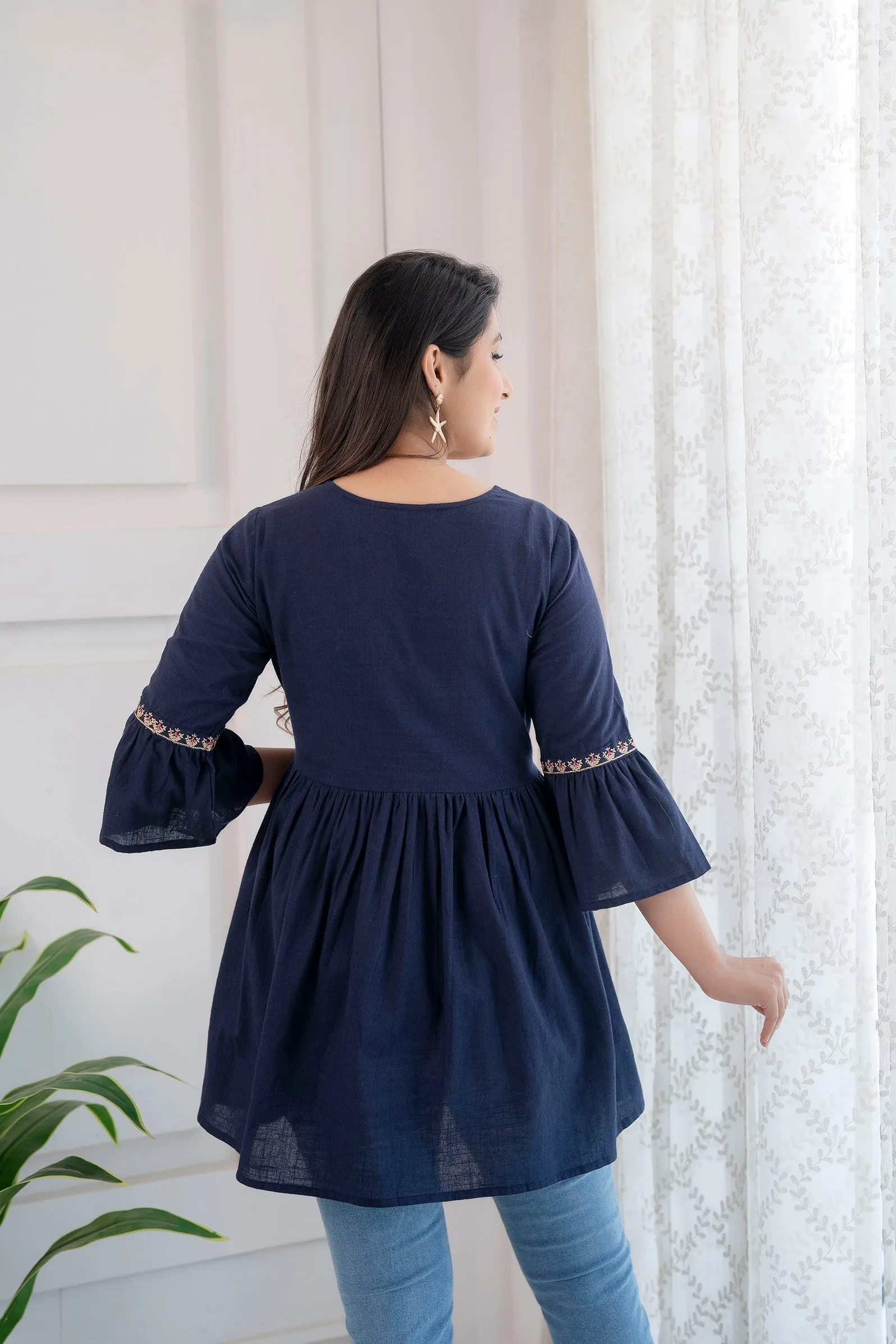 Women Navy Blue Embroidered Peplum Tunic