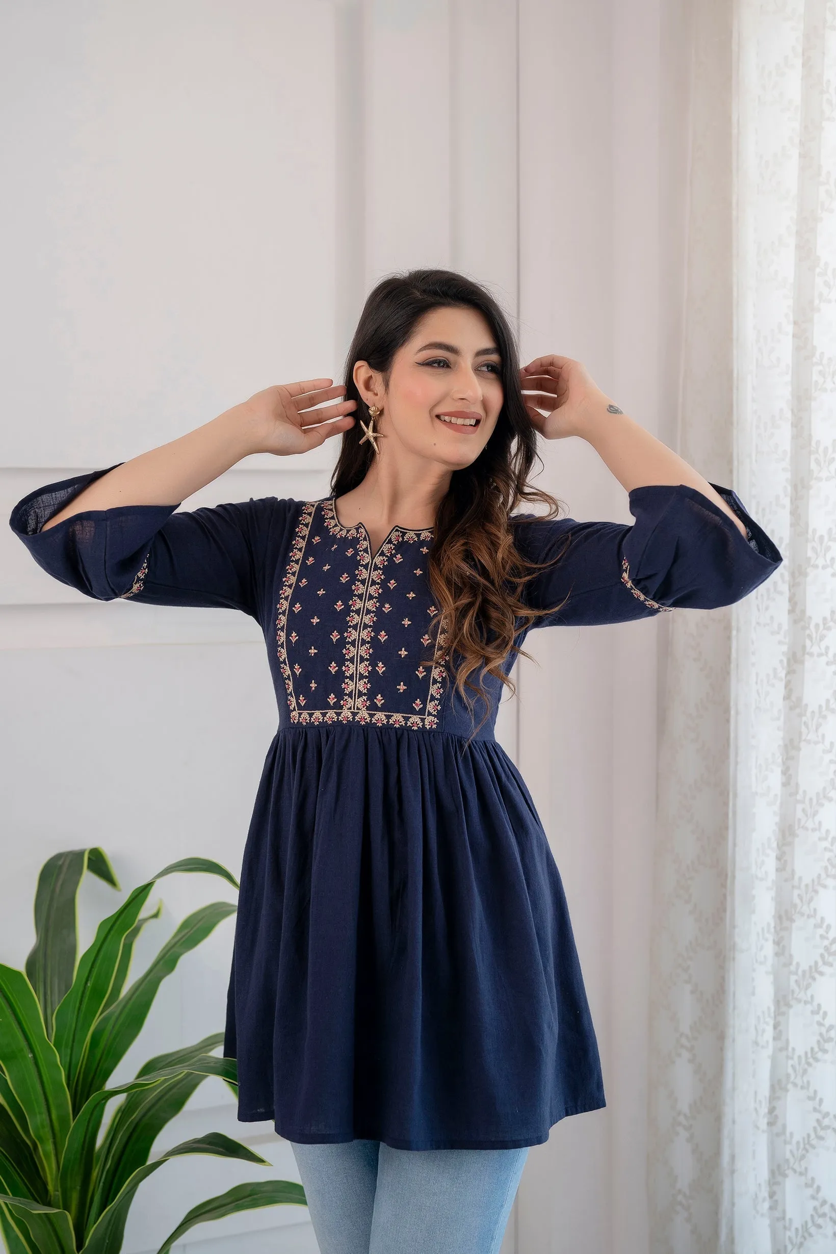 Women Navy Blue Embroidered Peplum Tunic