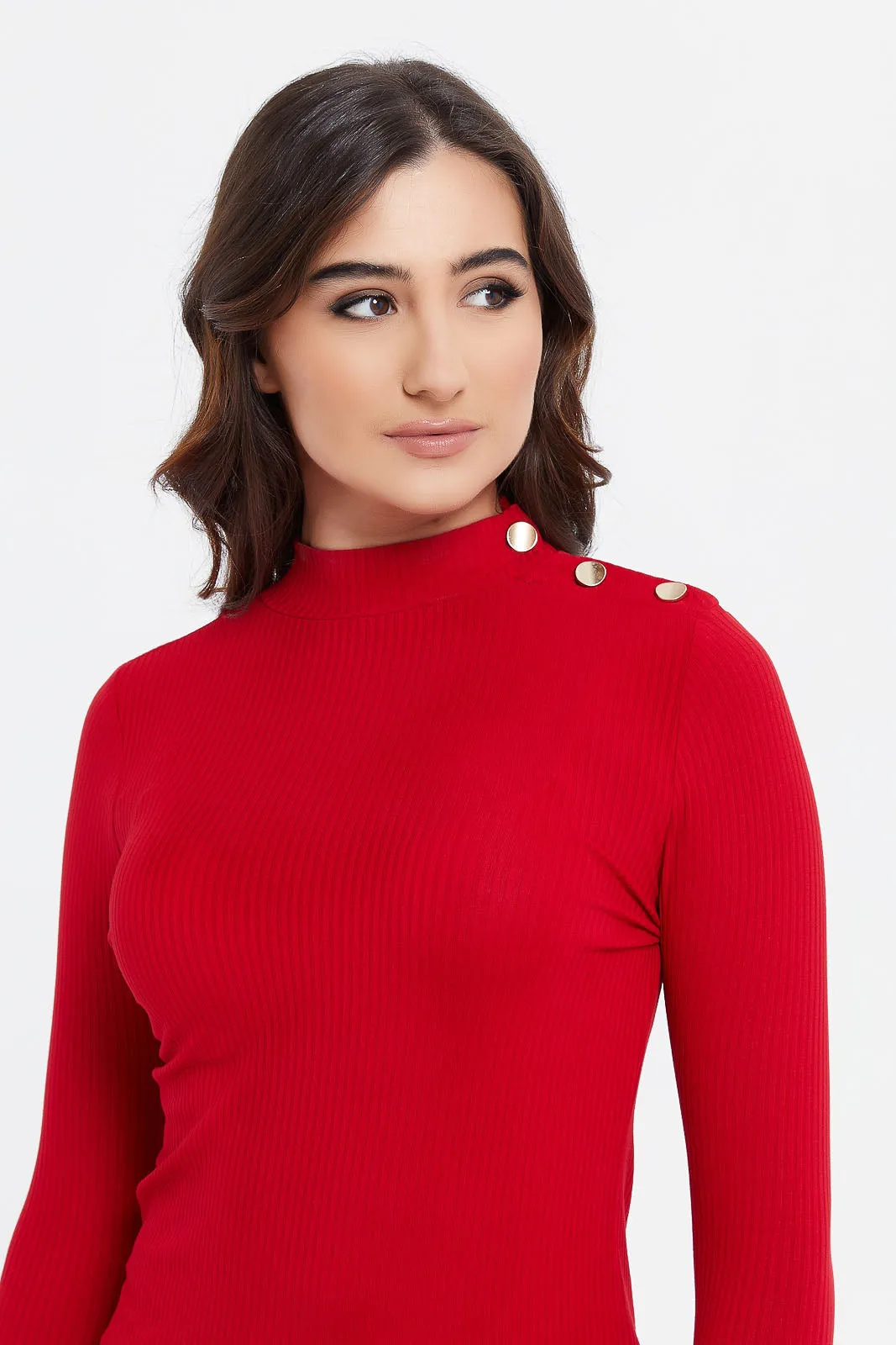 Women Red Ribbed Top