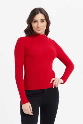 Women Red Ribbed Top