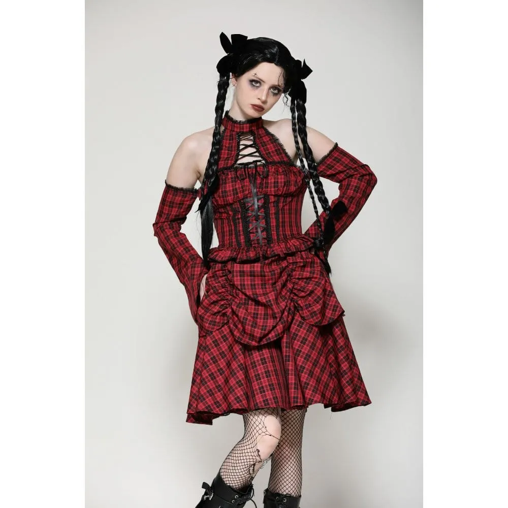 Women's Grunge Lace-up Plaid Dress with Gloves Red