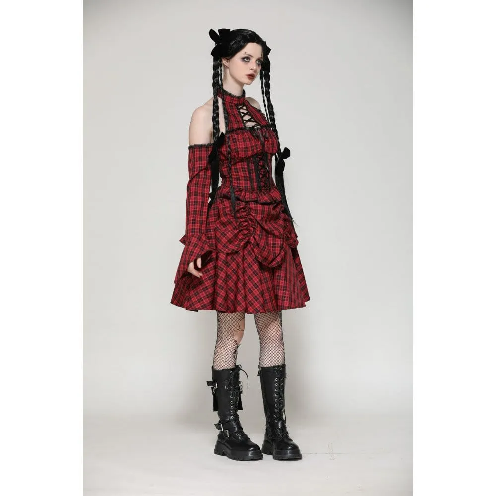 Women's Grunge Lace-up Plaid Dress with Gloves Red