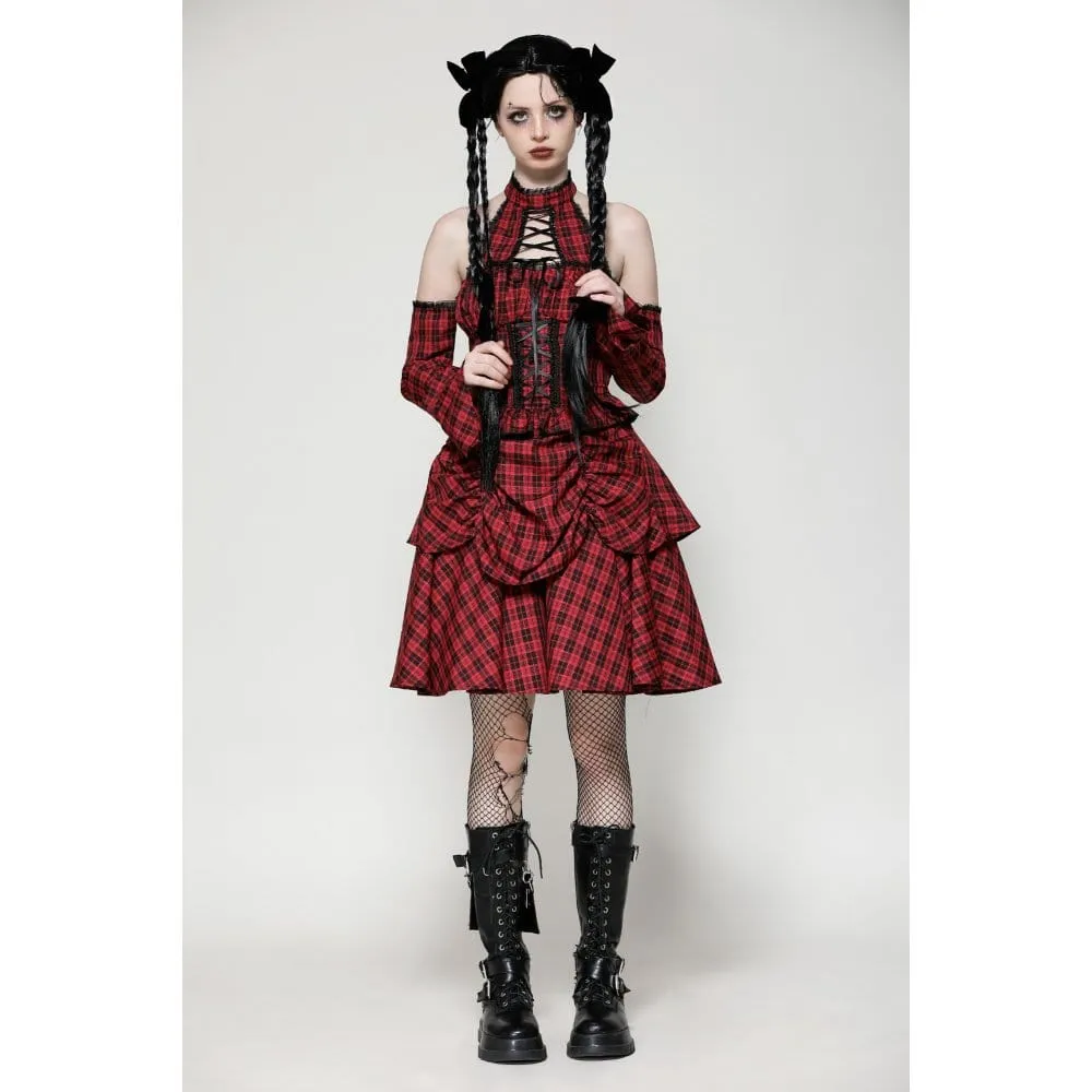 Women's Grunge Lace-up Plaid Dress with Gloves Red