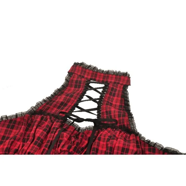 Women's Grunge Lace-up Plaid Dress with Gloves Red