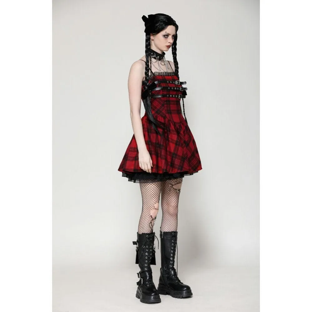 Women's Grunge Pleated Eyelets Plaid Dress Red