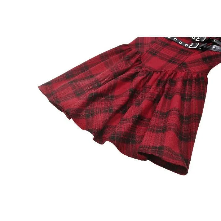 Women's Grunge Pleated Eyelets Plaid Dress Red